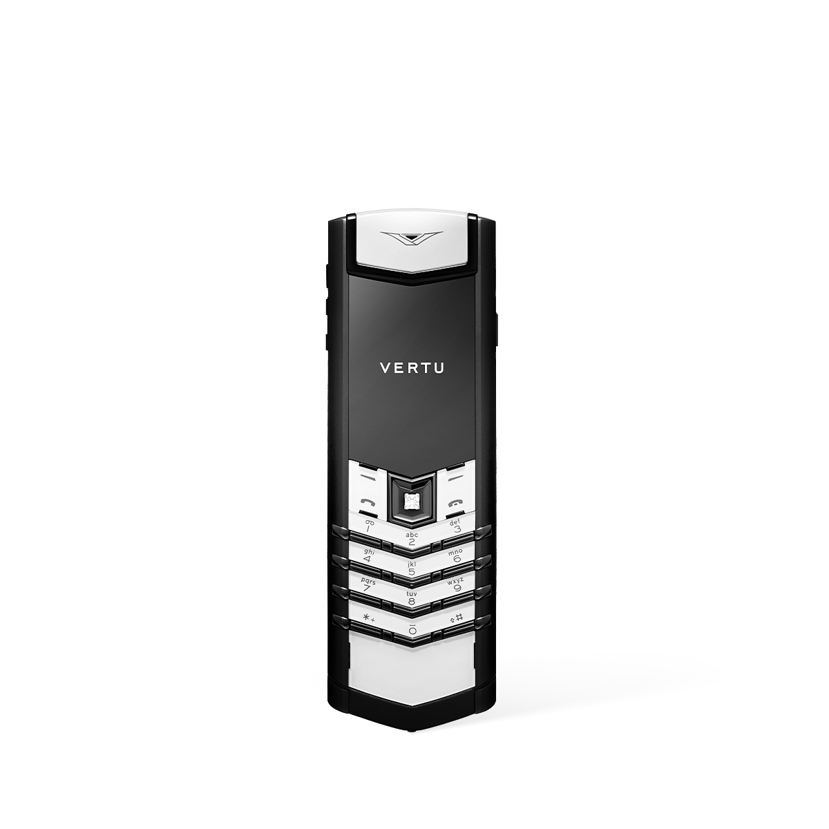 vertu signature v front view: sophisticated polished ceramic keypad with a sapphire crystal screen and silver stainless steel frame.