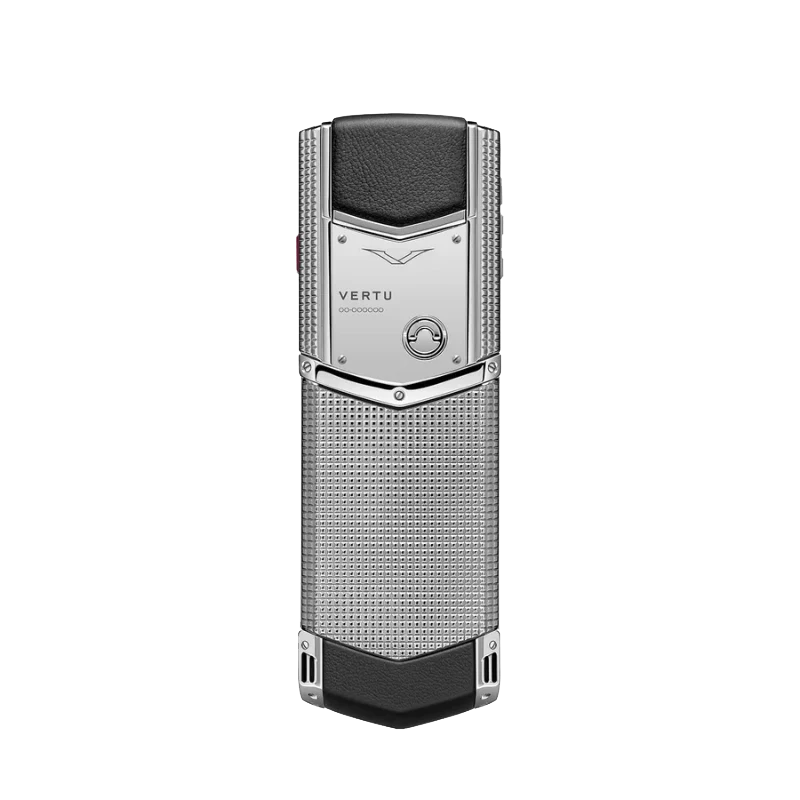 vertu signature v back view: iconic silver stainless steel V-shape accented by exquisite clous de paris patterns on luxury leather.