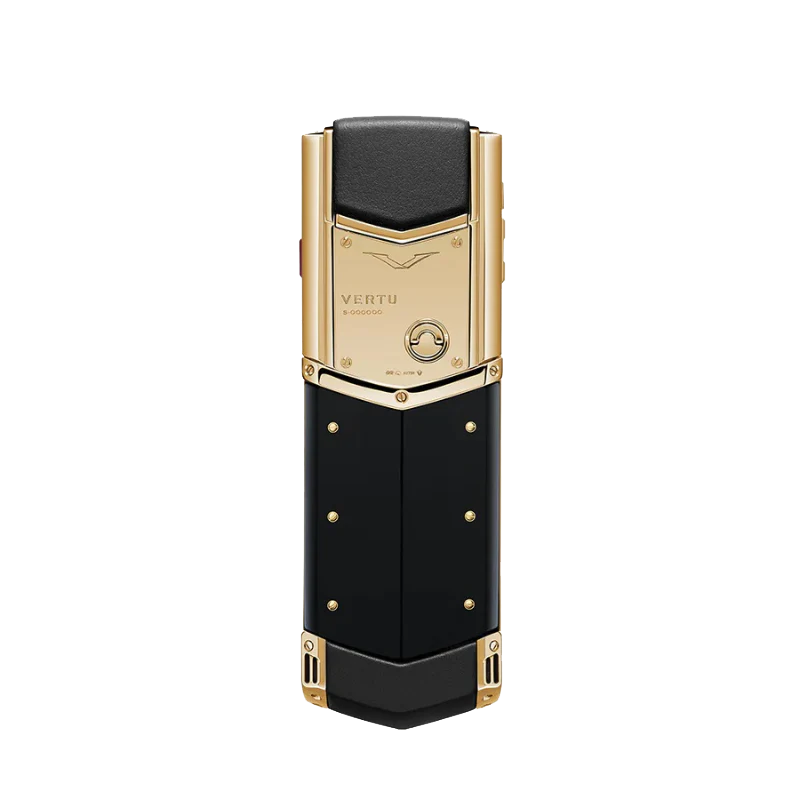 vertu signature v back: iconic 18k gold V-shape emblem on premium handcrafted pure black alligator skin leather.