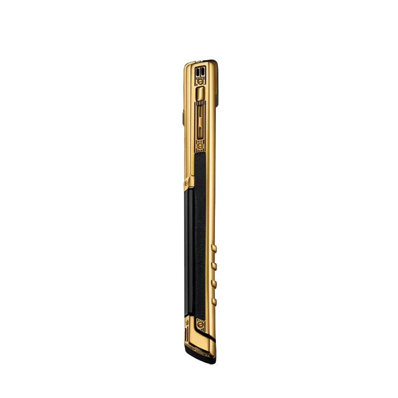 vertu signature v side view: sleek 18k gold body showcasing the exquisite craftsmanship and luxurious black alligator skin profile.