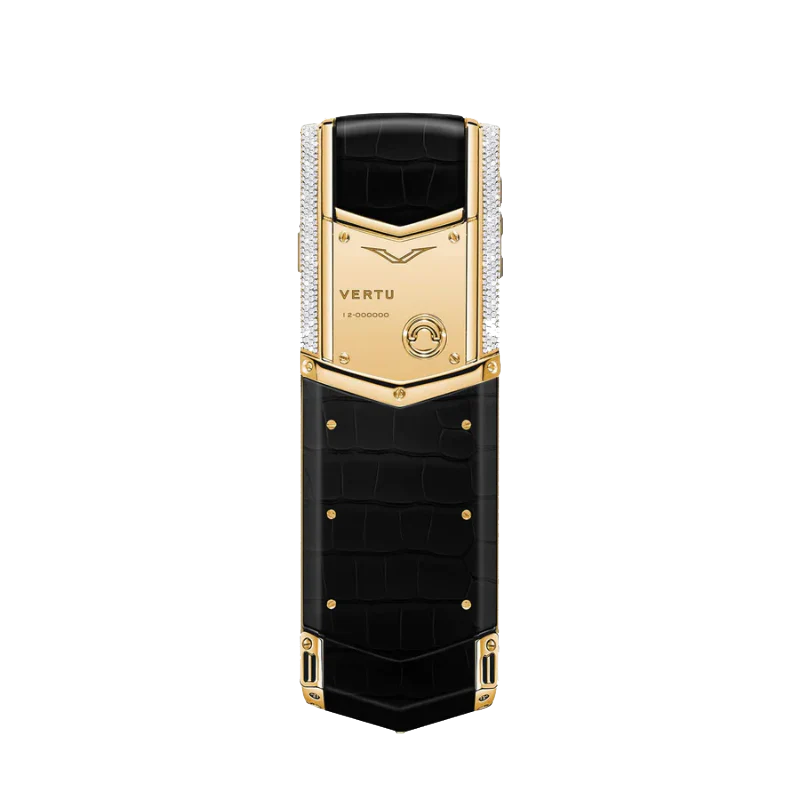 vertu signature v back: iconic 18k gold V-shape emblem on premium handcrafted black alligator skin leather.