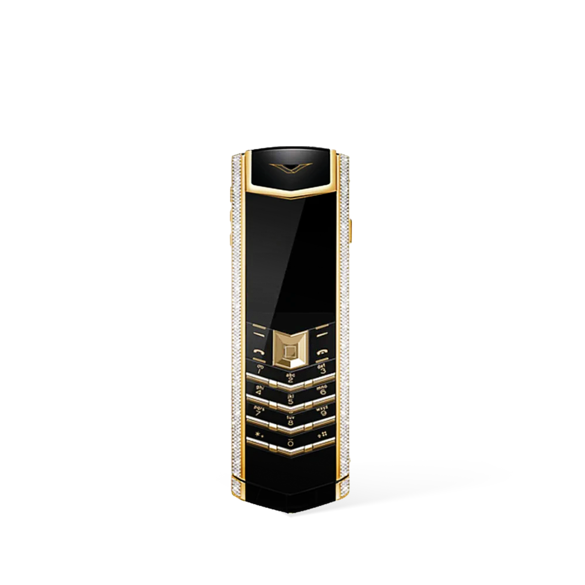 vertu signature v front: 18k full gold frame with a diamond-set keypad and sapphire crystal screen on black alligator leather.