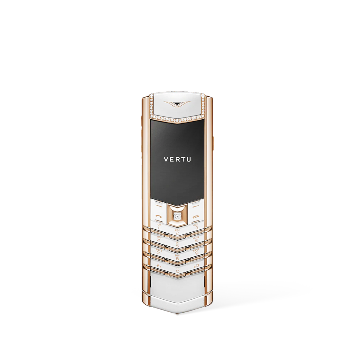 vertu signature v front: ultimate exclusivity edition featuring an 18k full gold frame, a brilliant diamond-set keypad, and a sapphire crystal screen.