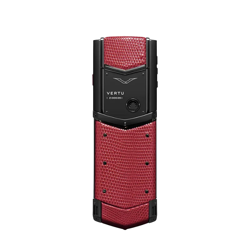 vertu signature v back view: iconic black V-shape emblem on premium handcrafted red lizard skin leather.