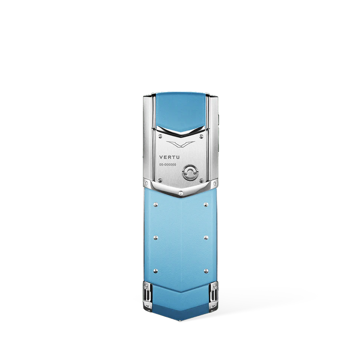 vertu signature v back view: vibrant power blue luxury leather with a signature polished stainless steel V-shape.