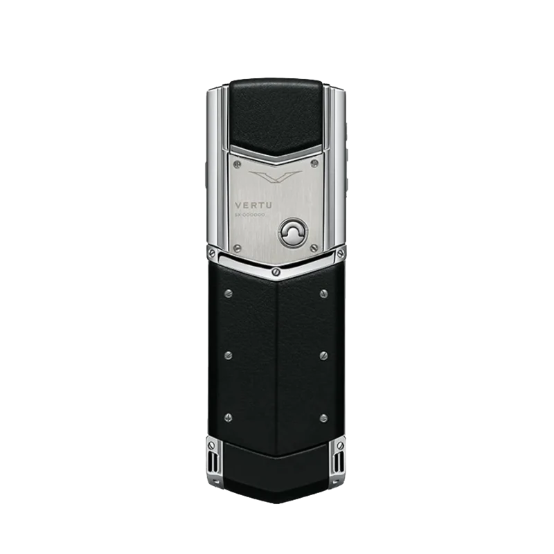 vertu signature v back view: sophisticated jade black leather paired with a polished pure silver stainless steel V-shape.