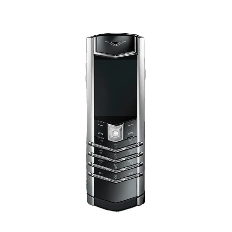 vertu signature v front view: polished silver stainless steel frame with a sapphire crystal screen and classic black keypad.