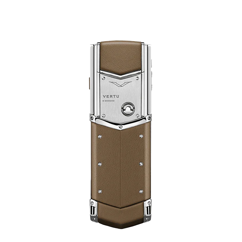 vertu signature v back view: elegant khaki brown luxury leather with a polished pure silver stainless steel V-shape.
