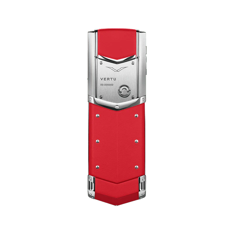 vertu signature v back view: exquisite raspberry red leather paired with a polished pure silver stainless steel V-shape.
