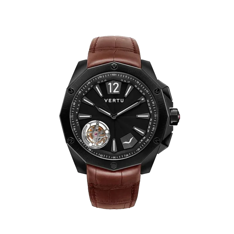 VERTU Tourbillon Smartium Watch Black Case Black Dial Brown Leather Strap Luxury Watch Front View